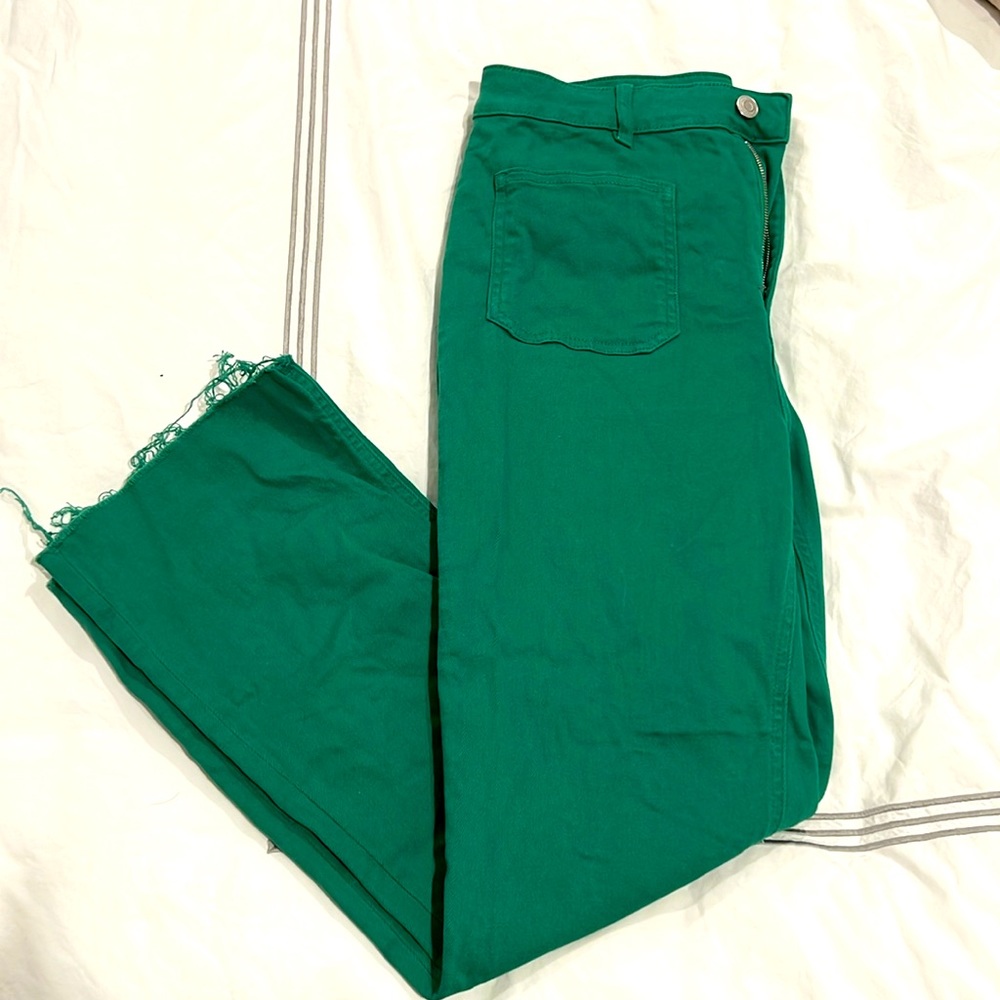 Green Zara cropped high waisted jeans.